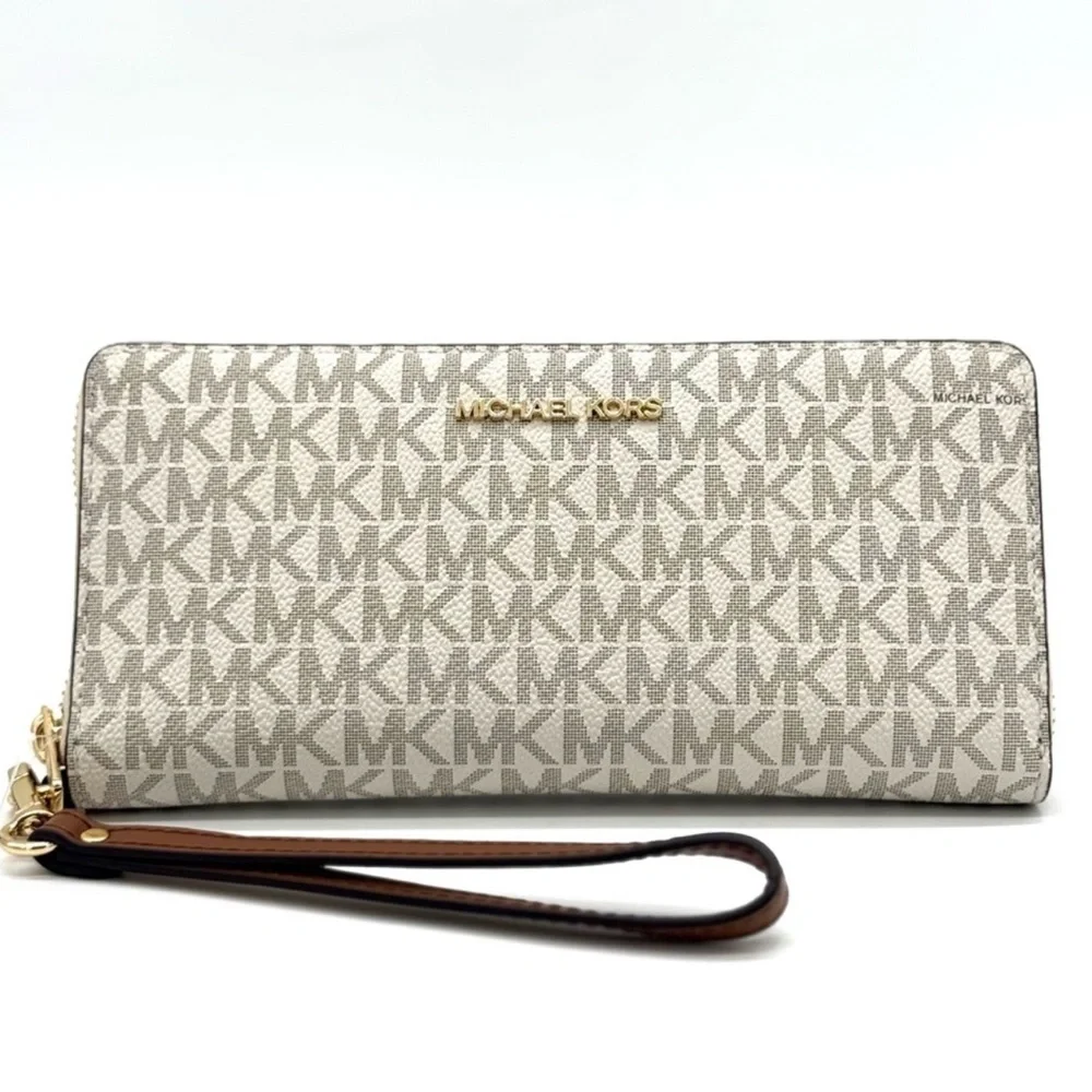 Michael Kors Large Continental Wallet Wristlet Vanilla/Brown - Picture 1 of 9